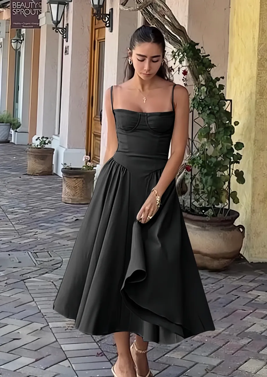 Long black strap dress best sale