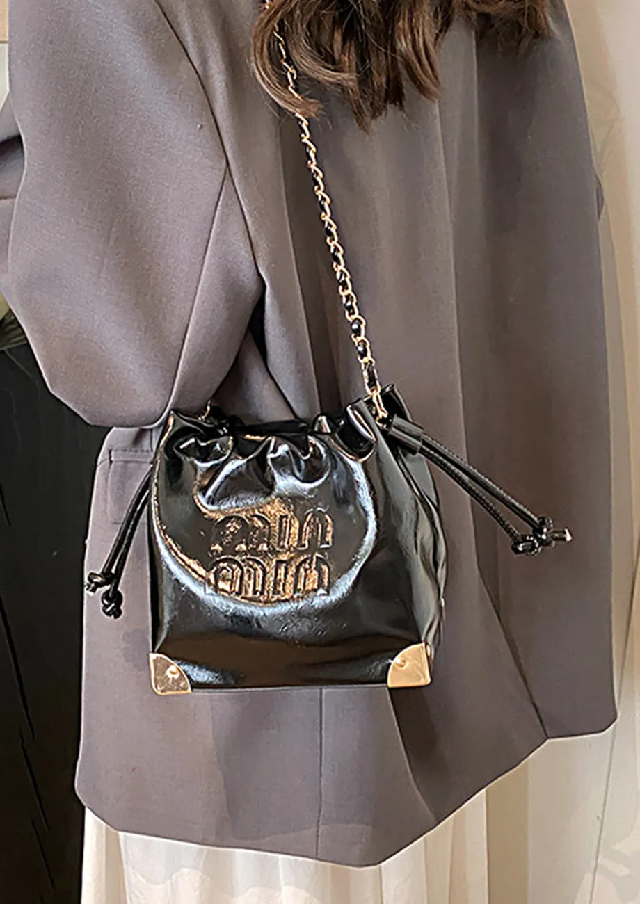 BLACK FAUX LEATHER BUCKET BAG