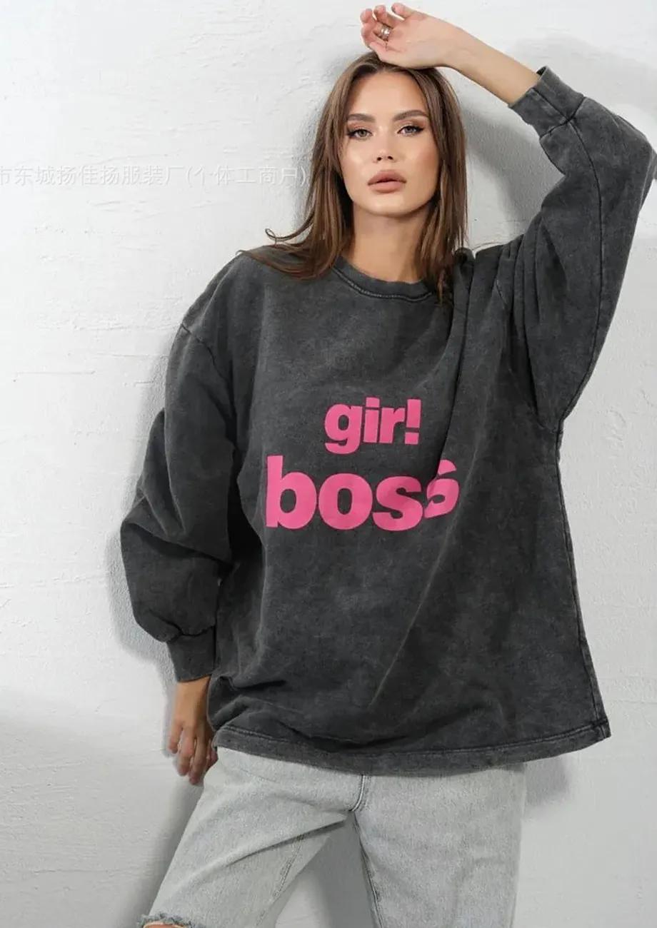 Black Typography Washed Oversized Sweatshirt