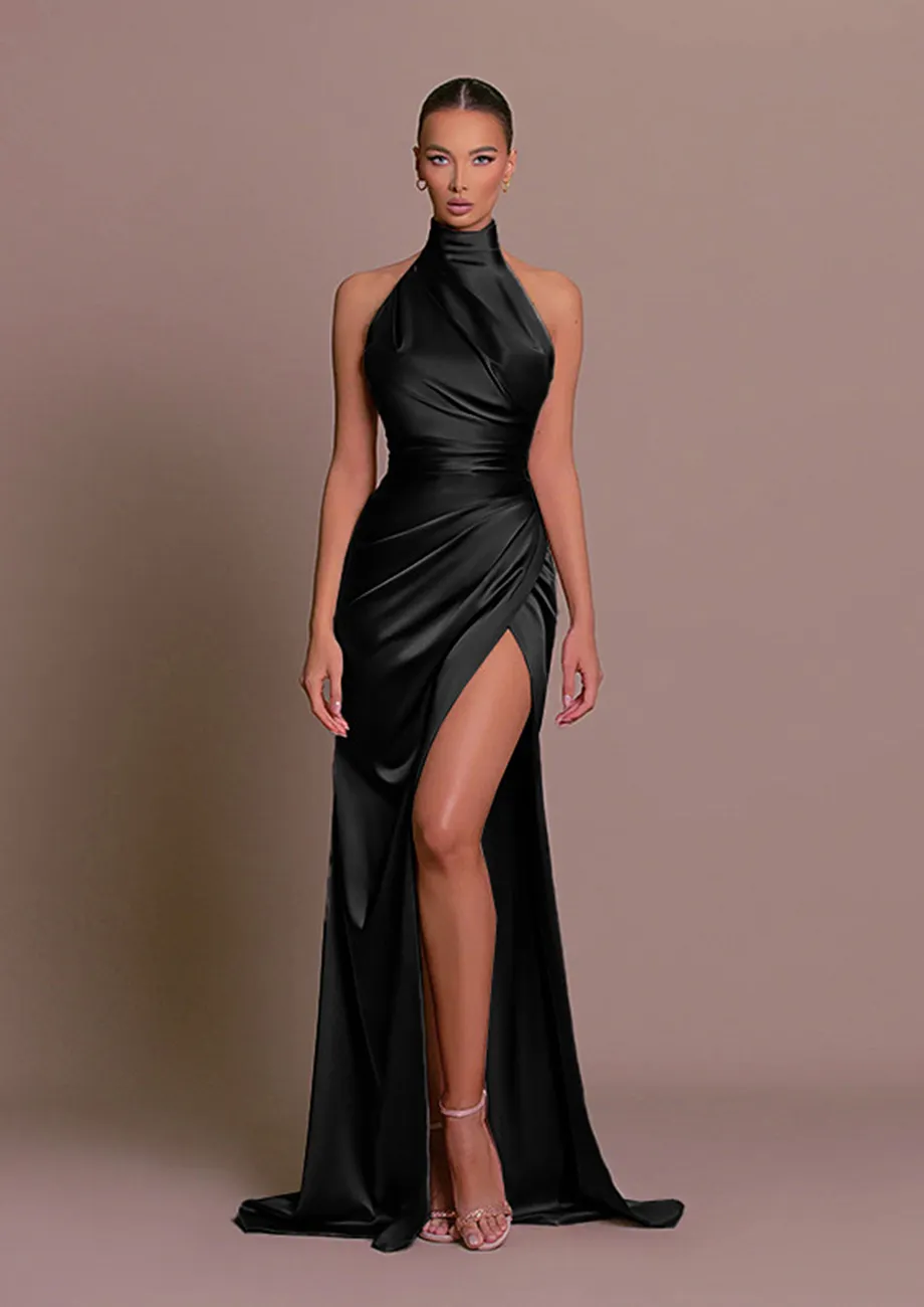 Buy BLACK SATIN HALTER NECK LONG SLIT DRESS for Women Online in India