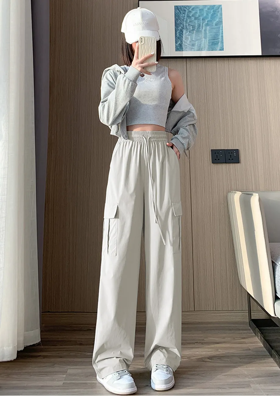 High-rise Box Pleat Pocket Drawstrings Pants