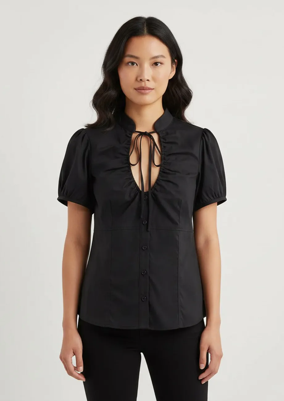 Buy Black Solid Puff Sleeve Tie-up Top for Women Online in India