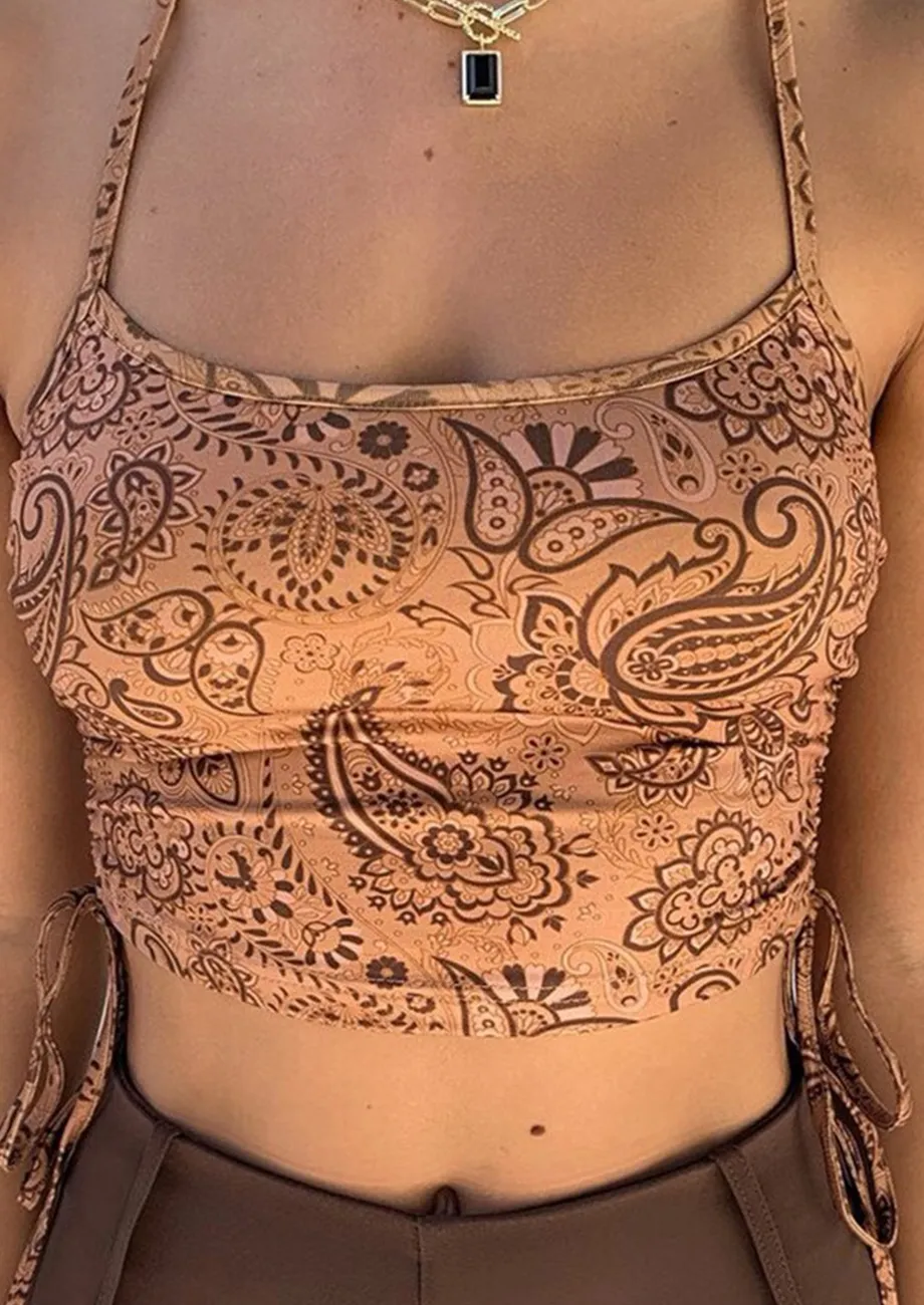 PRINTED DRAWSTRING DETAIL HALTER CROP TOP