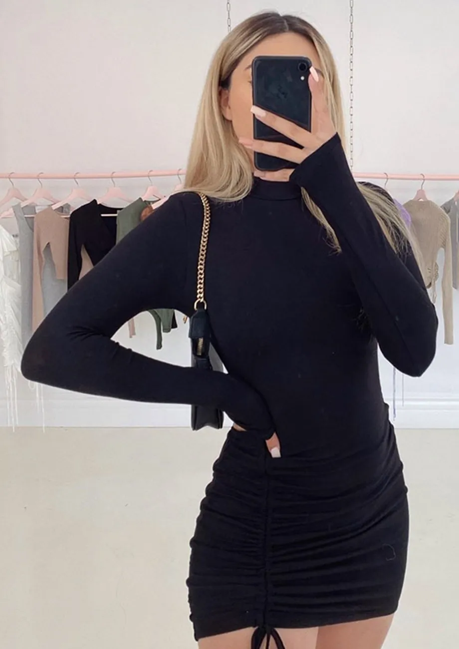 Black Front Drawstring Detail Dress