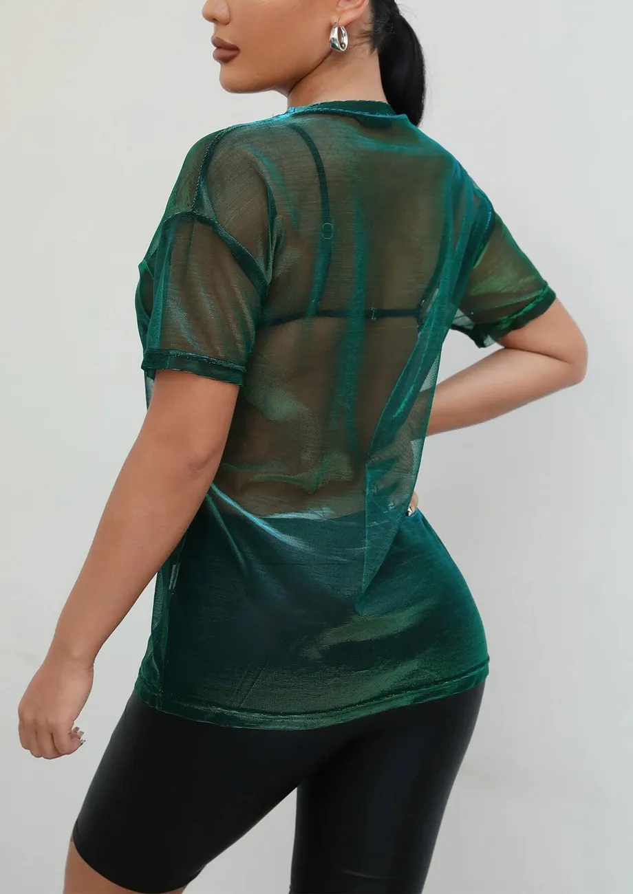 Buy GREEN METALLIC SHEER MESH T SHIRT for Women Online in India