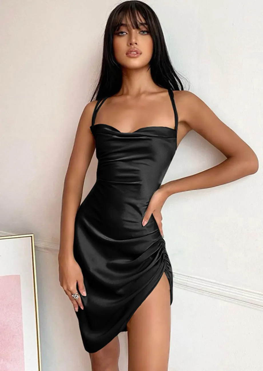 Buy SATIN COWL NECK BLACK BODYCON DRESS for Women Online in India