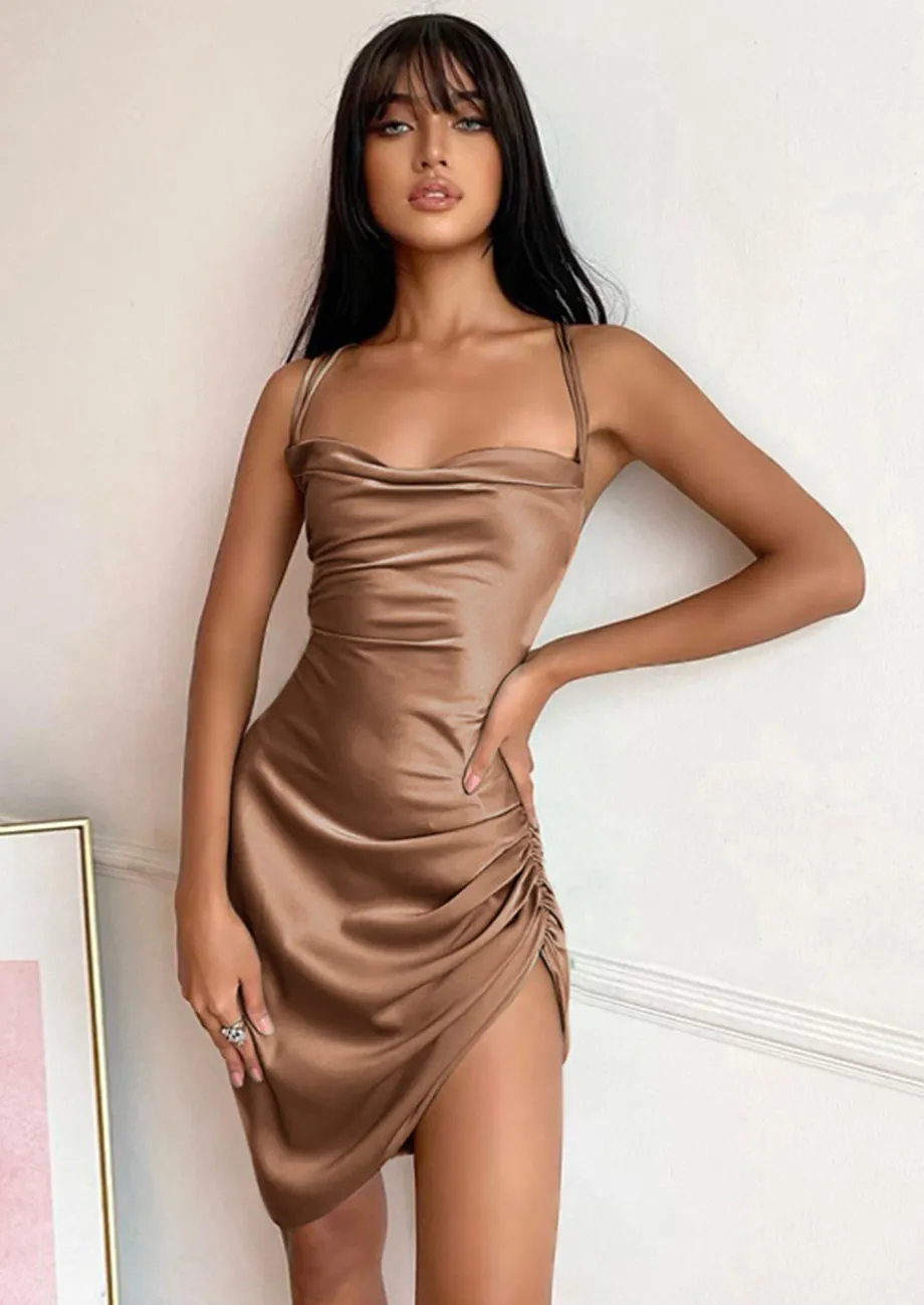 satin bodycon dress india Buy BROWN COWL-NECK for Women Online in The sleeveless design and