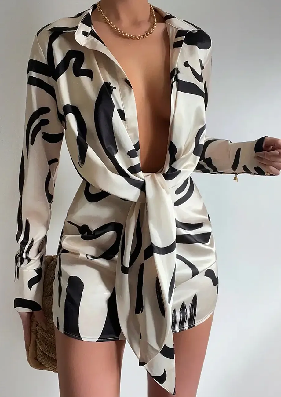Printed Deep Collar White Knot-tie Dress