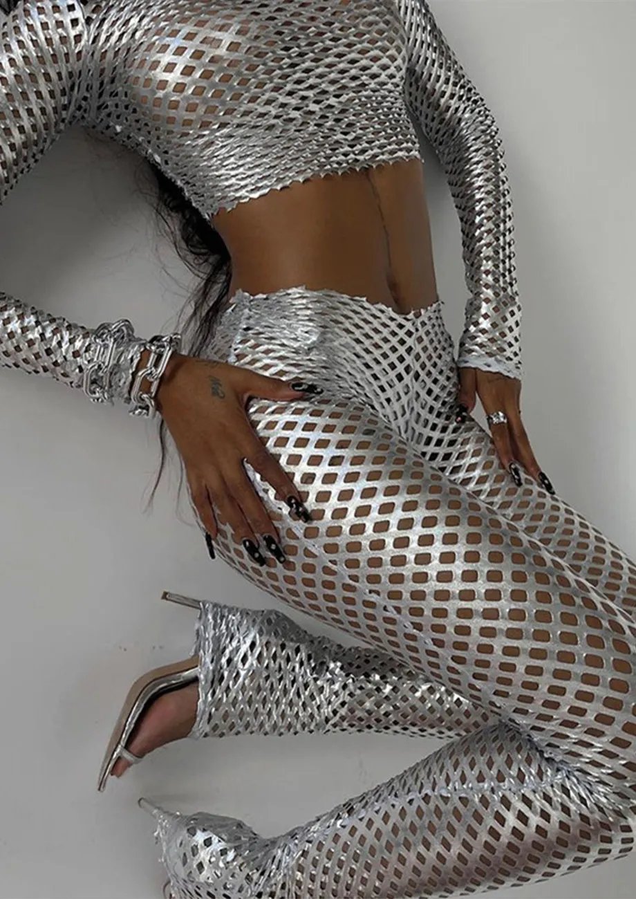 Buy TWO PIECE FISHNET SILVER CO ORD SET for Women Online in India