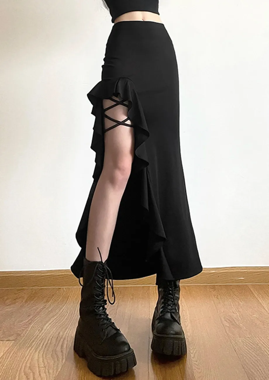 Black midi ruffle skirt hotsell