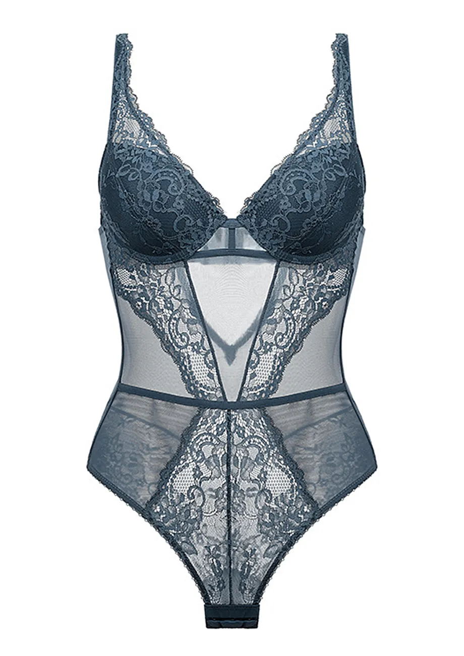 Grey Blue Sheer Lacy Mesh Thongbody