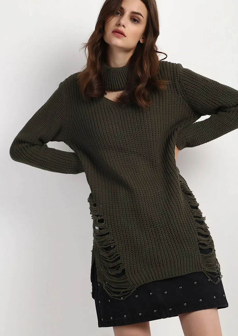 Buy KNIT ME CLOSER ARMY GREEN SWEATER for Women Online in India