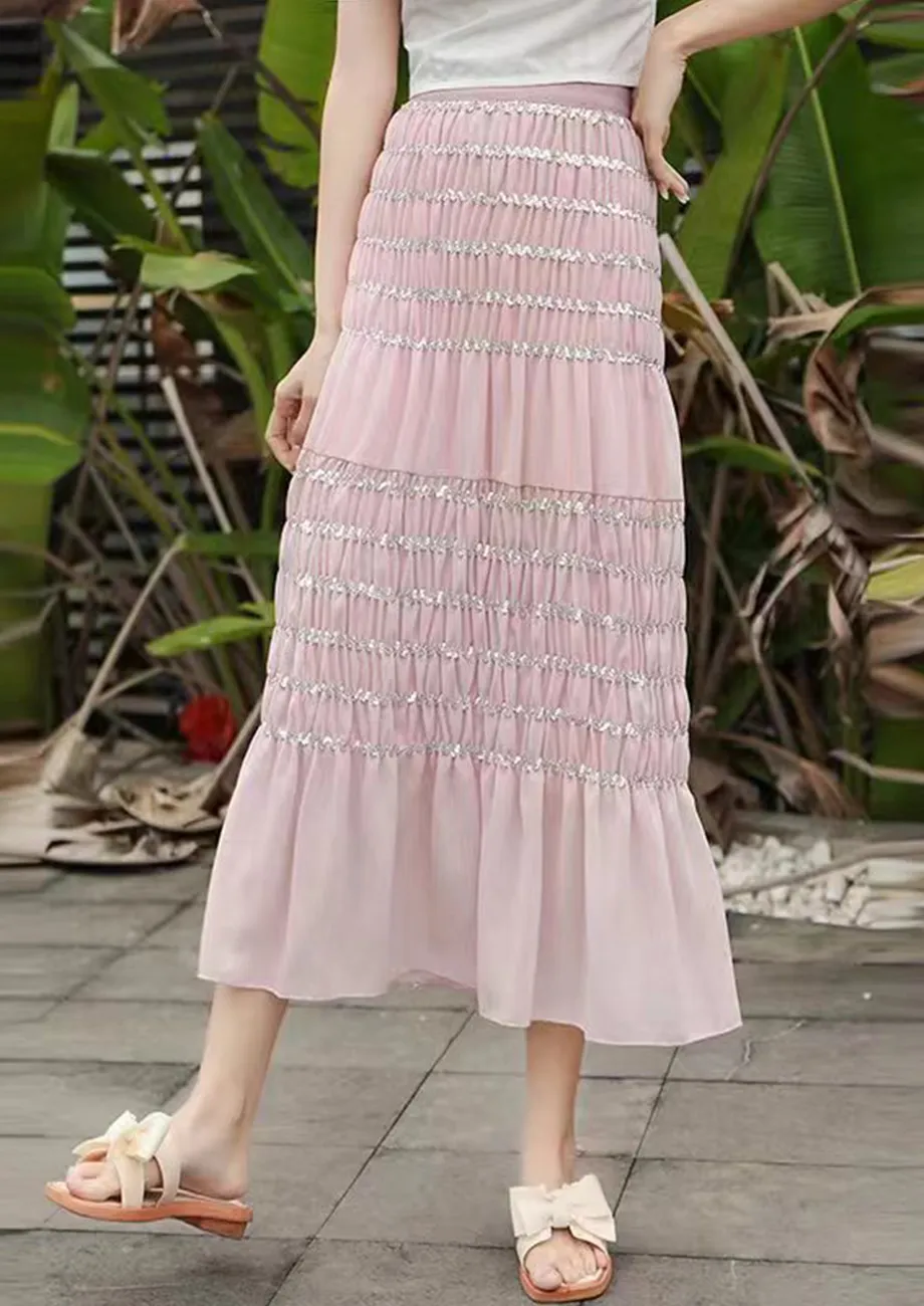 Pink pleated chiffon skirt best sale