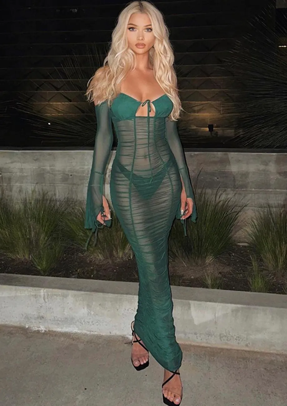 TRANSLUCENT SHIRRED BODYCON GREEN DRESS