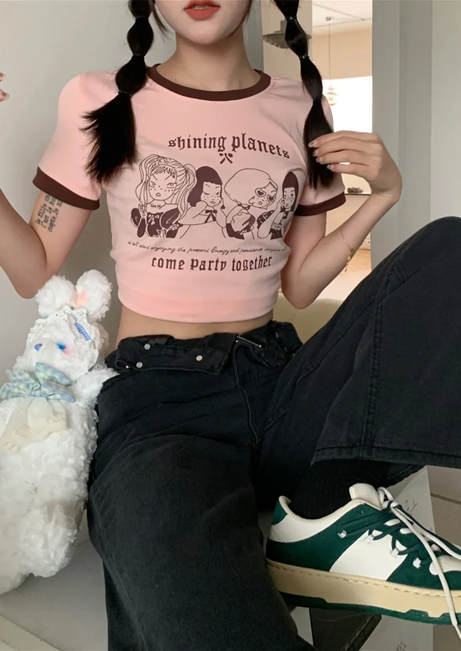 PRINTED PINK CROP T-SHIRT
