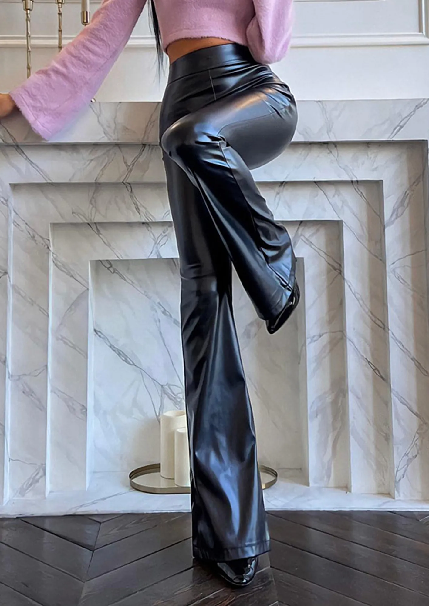 NUTEMPEROR】wide pu leather pants BLACK