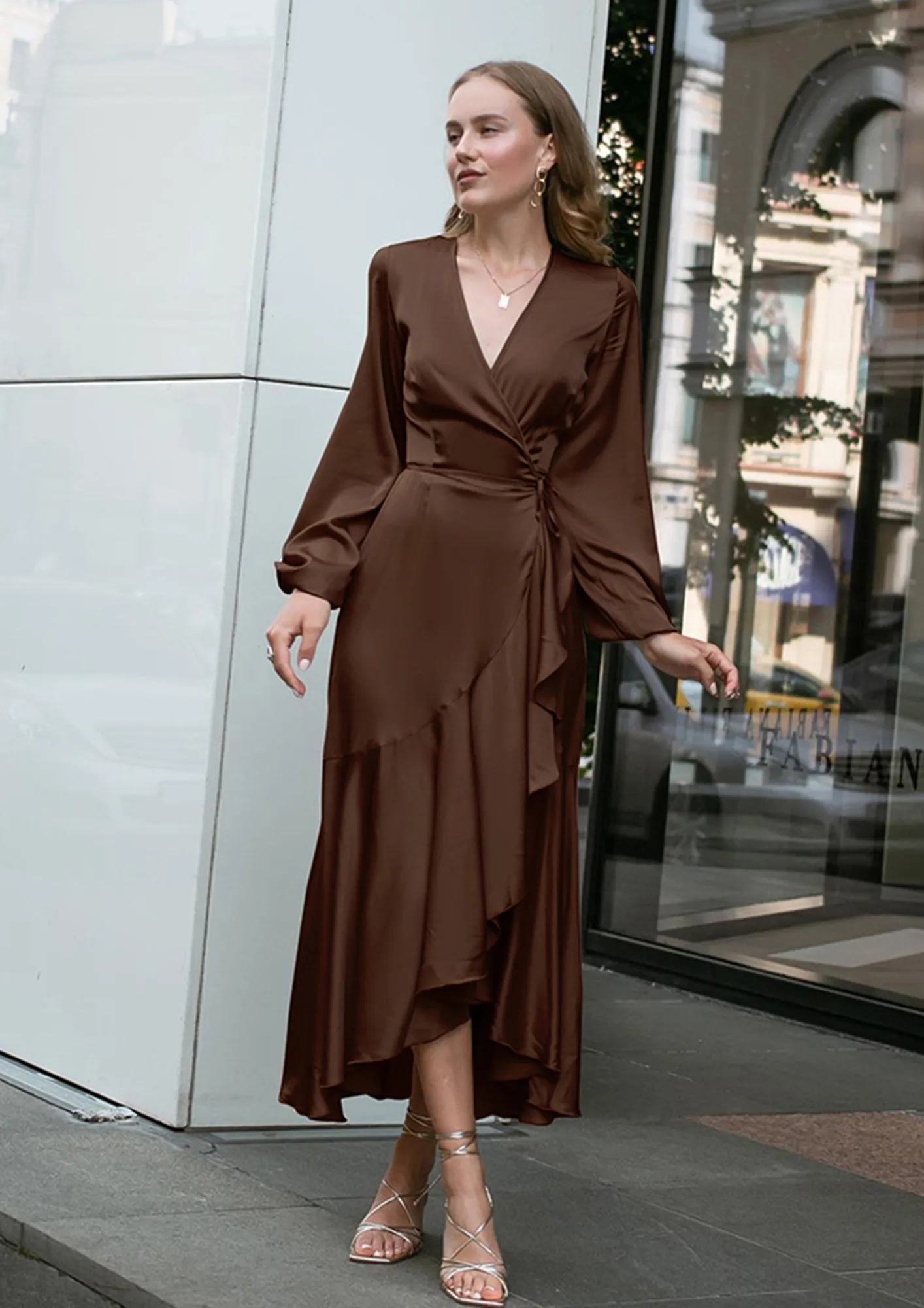 Buy SATIN POLYESTER BROWN MIDI WRAP DRESS for Women Online in India