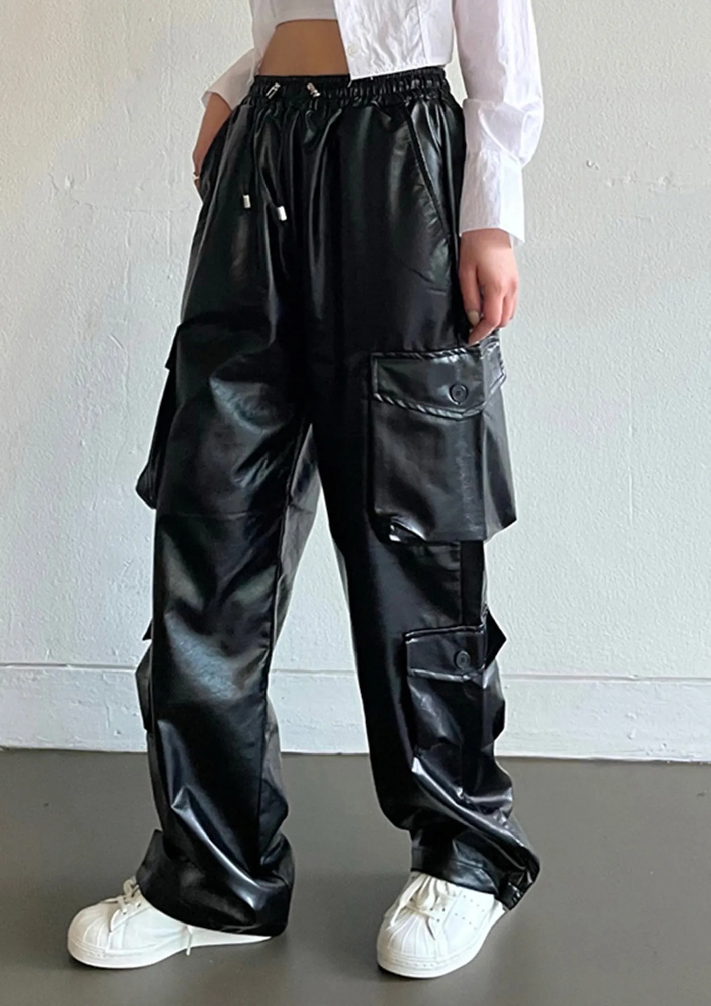 Buy HIGH-RISE STRAIGHT BLACK FAUX LEATHER CARGO PANTS for Women Online in  India