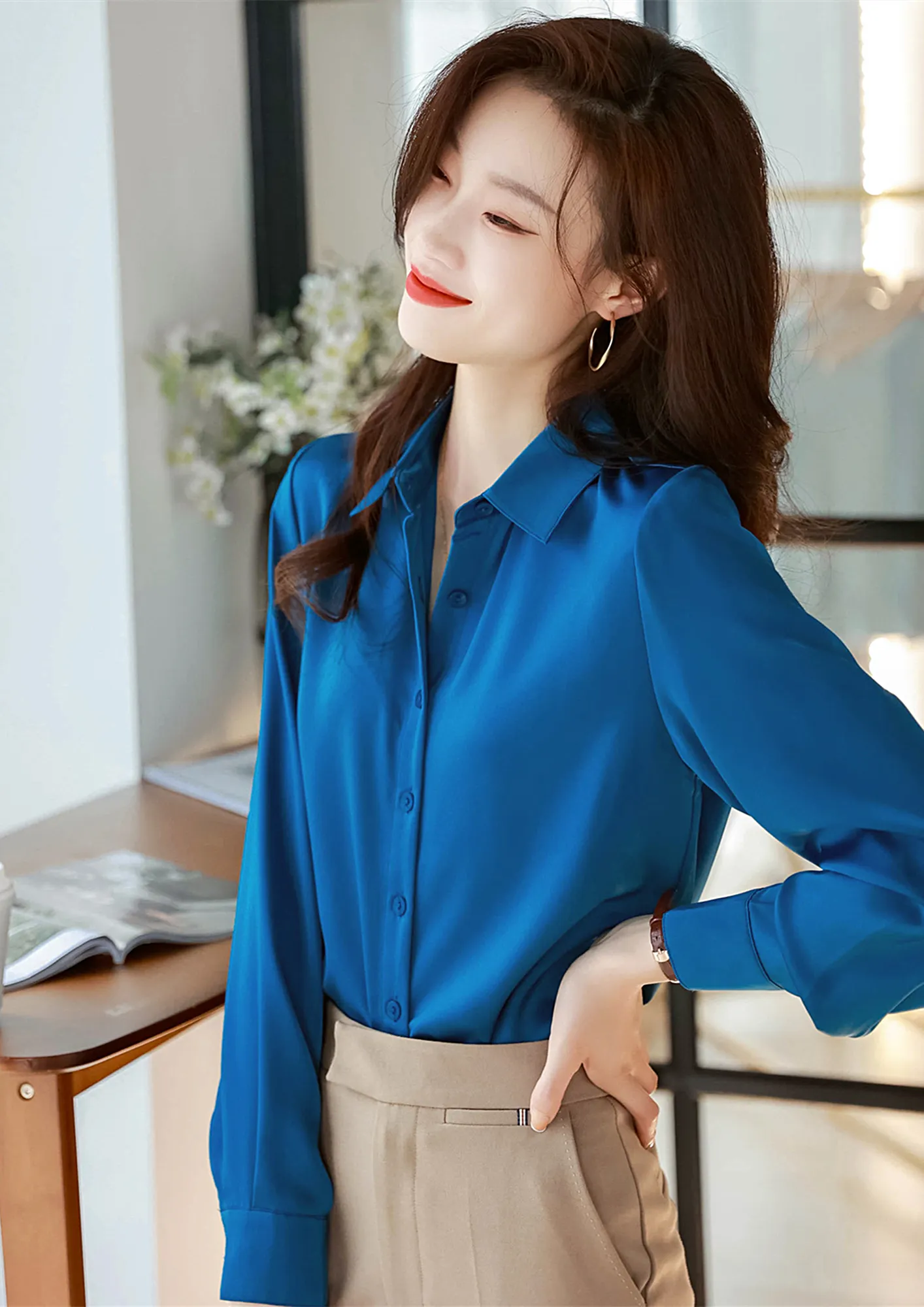 satin blouse blue