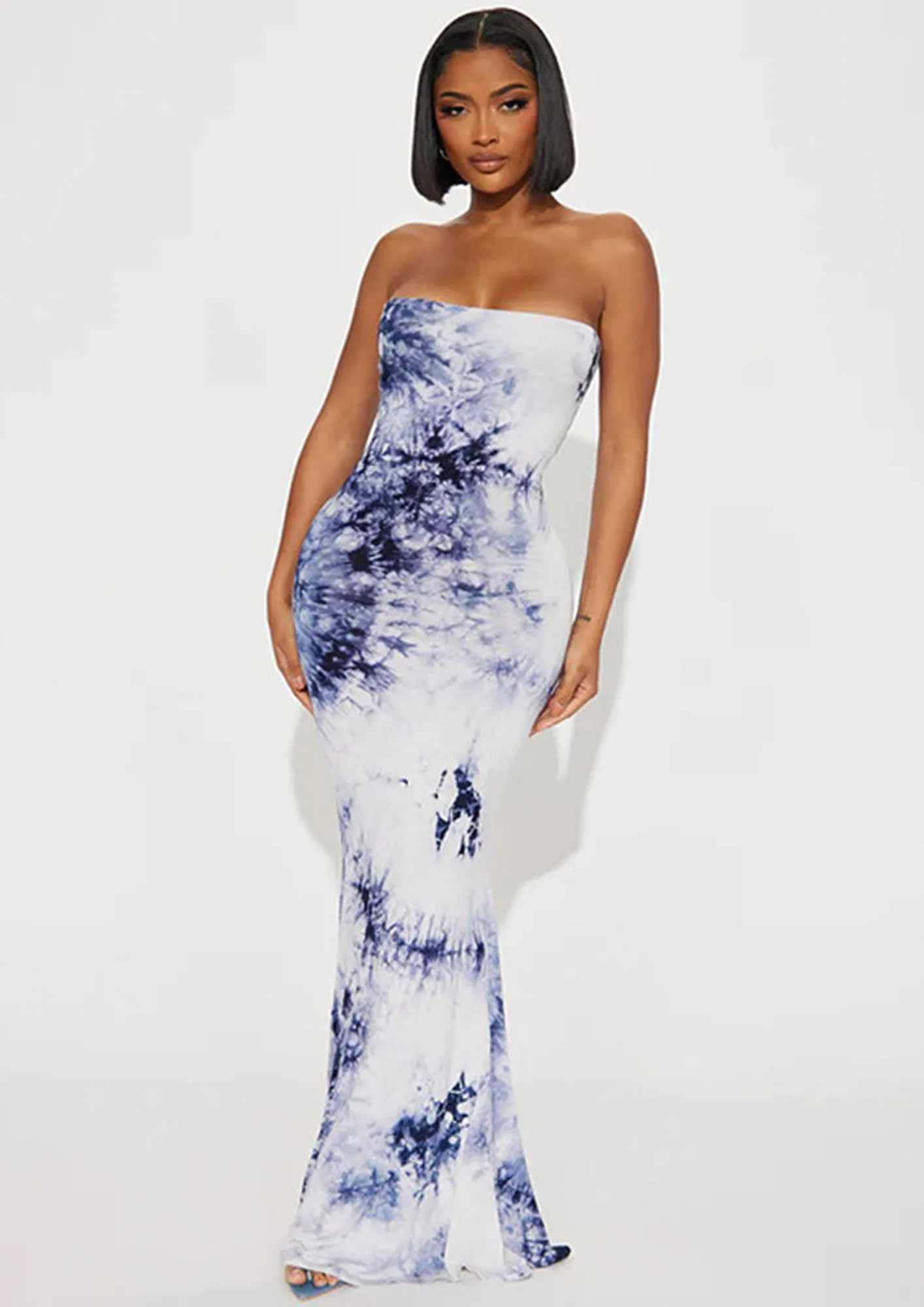 Buy Light Blue Strapless Tie dye Long Dress for Women Online in India