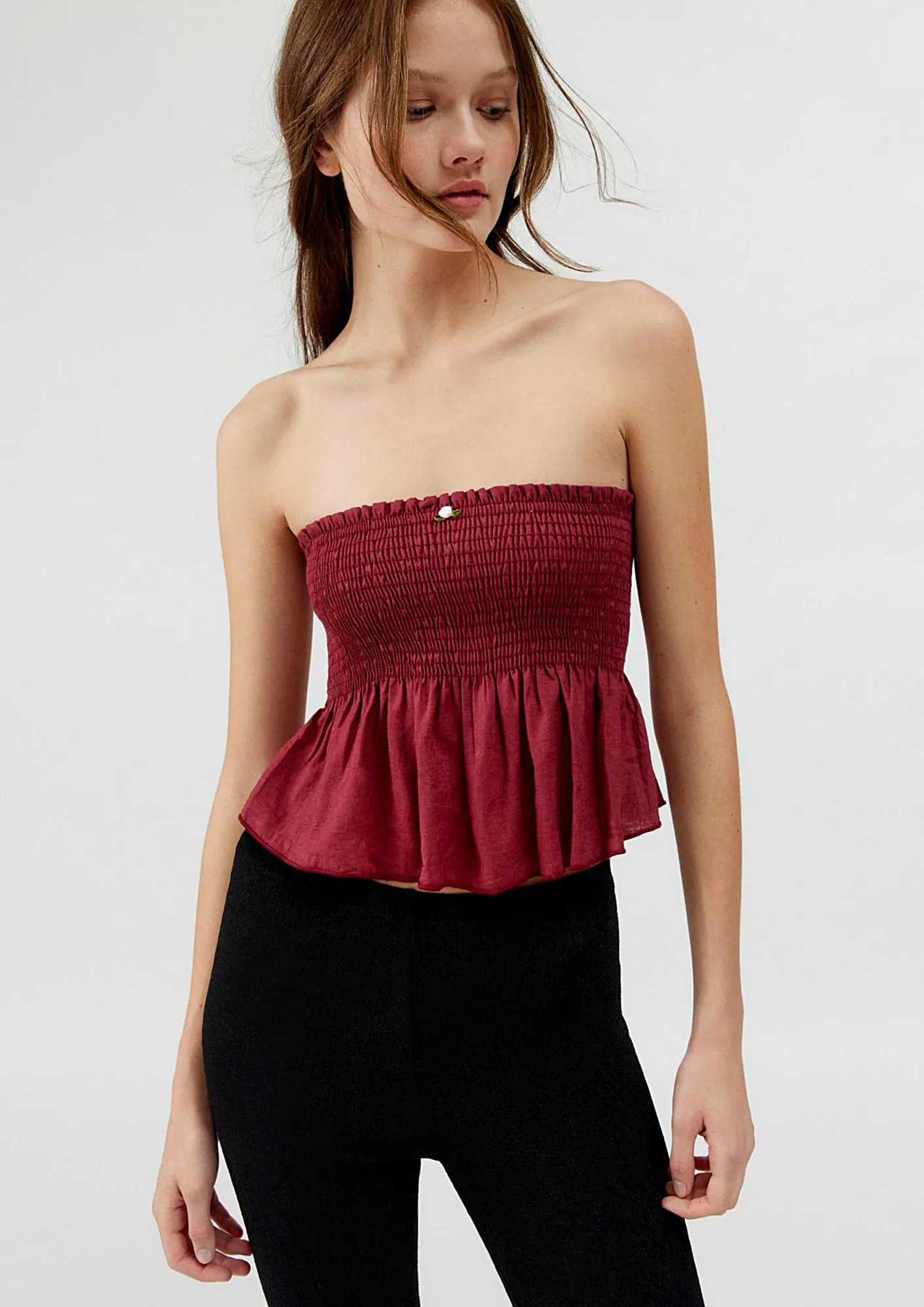 smocked peplum tube top
