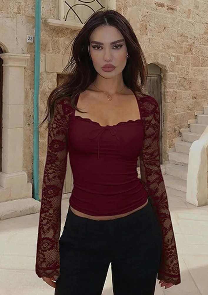 Buy Claret Lace Sweetheart Neck Flared Sleeve Top for Women Online