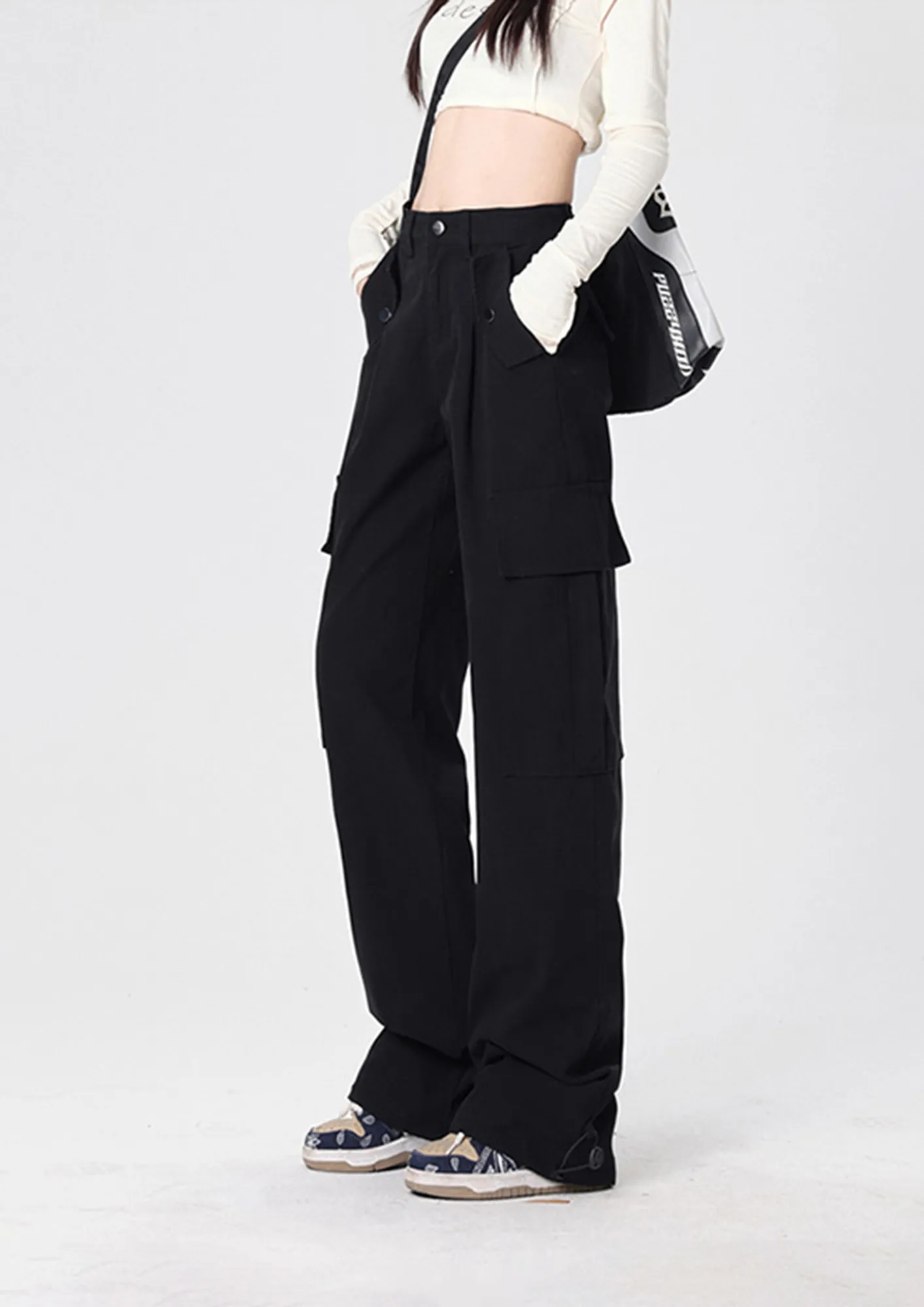 Ladies black cargo pants best sale